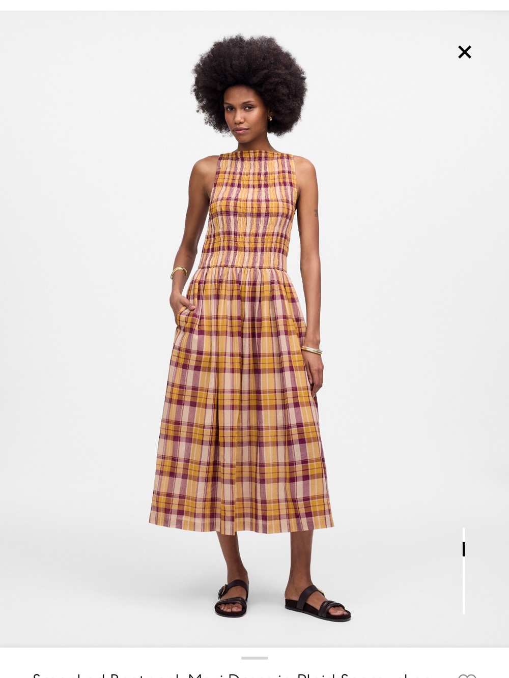Madewell Smocked Boatneck Midi Maxi Dress in Plaid Seersucker